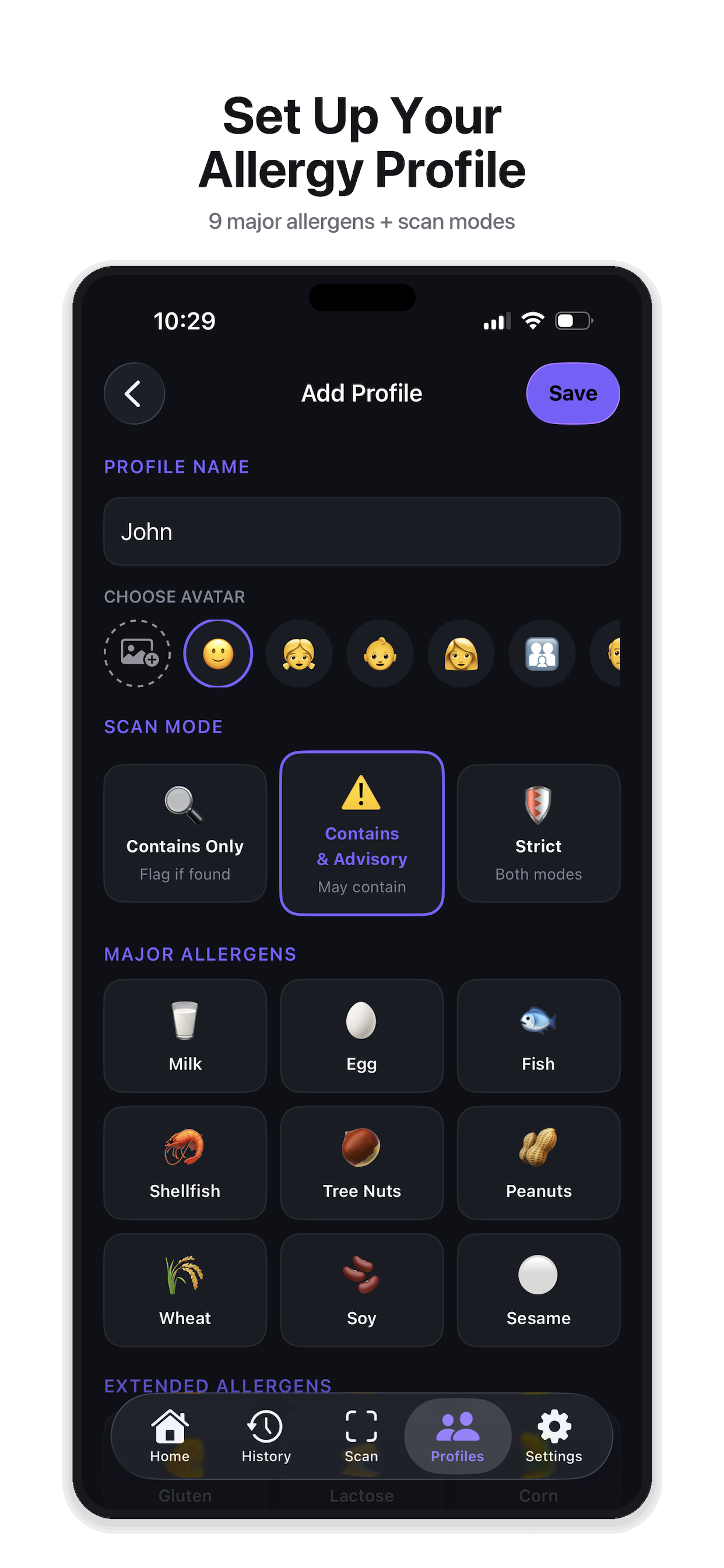 Allergy Profile Setup Screen