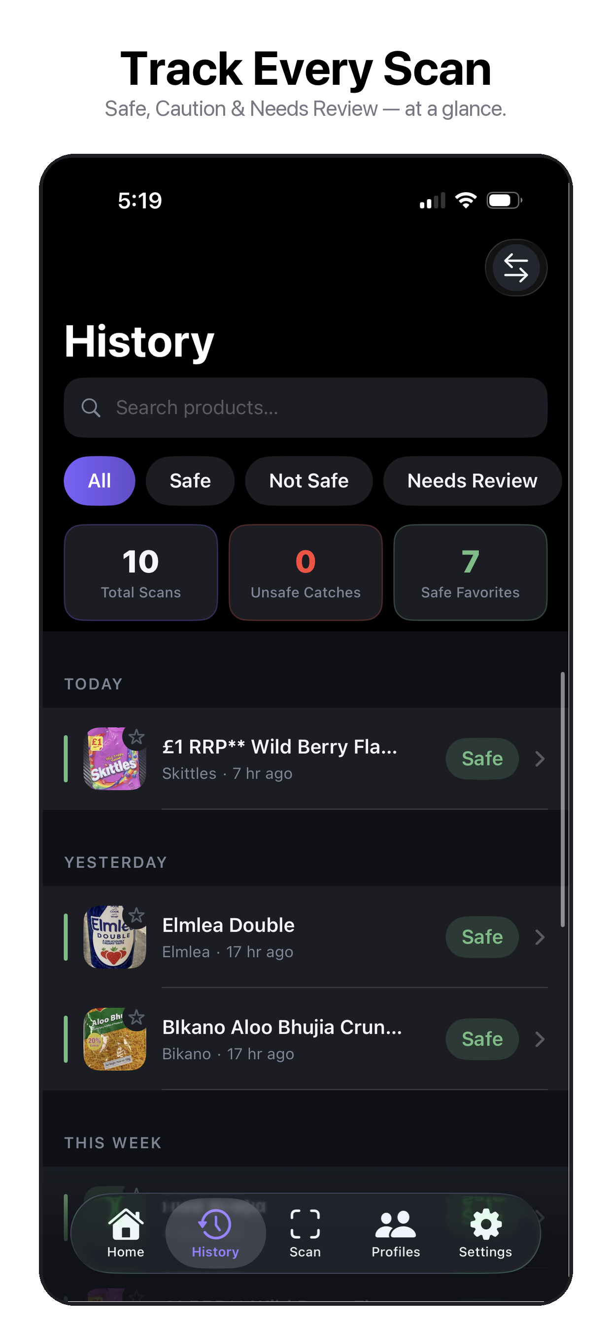 SafeScan History — Track Every Scan