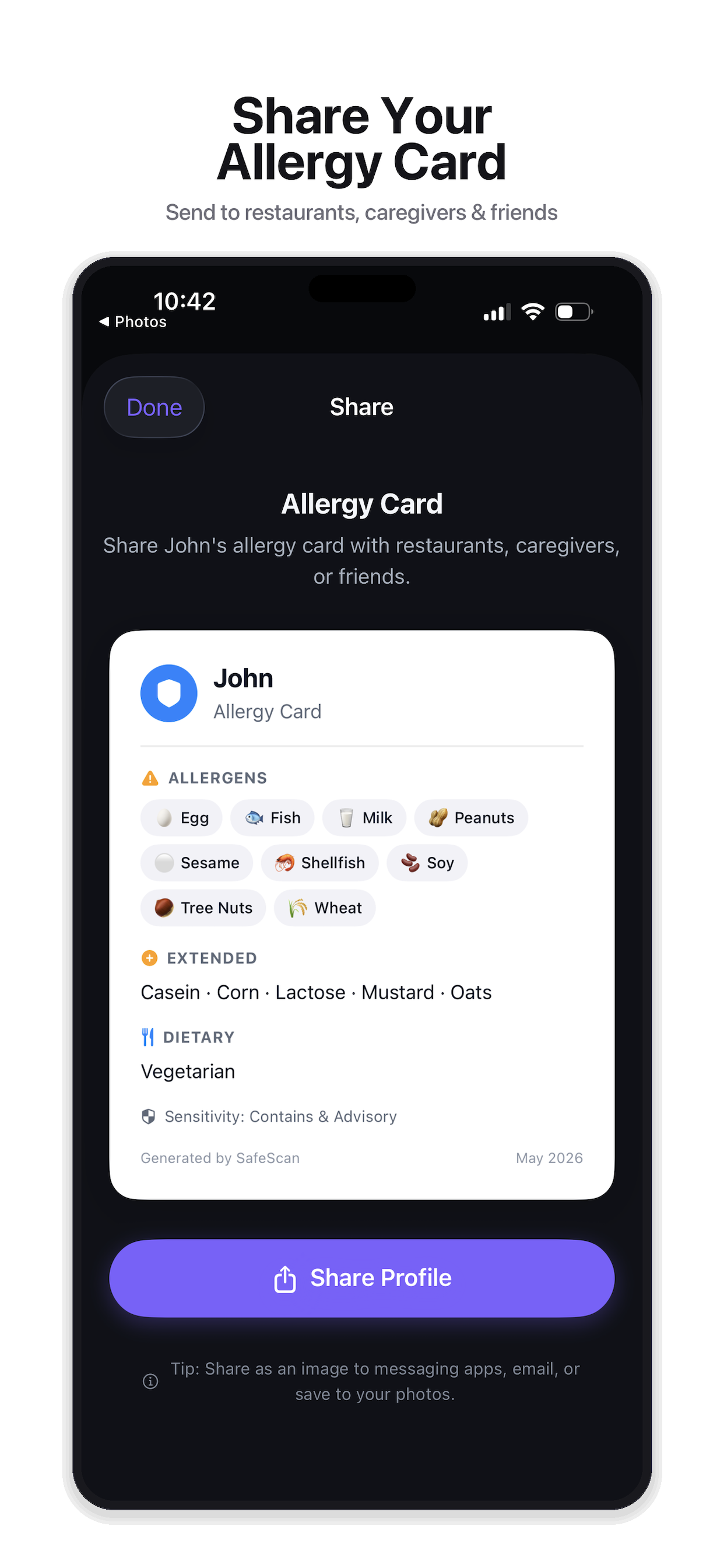 Allergy Card Sharing Screen